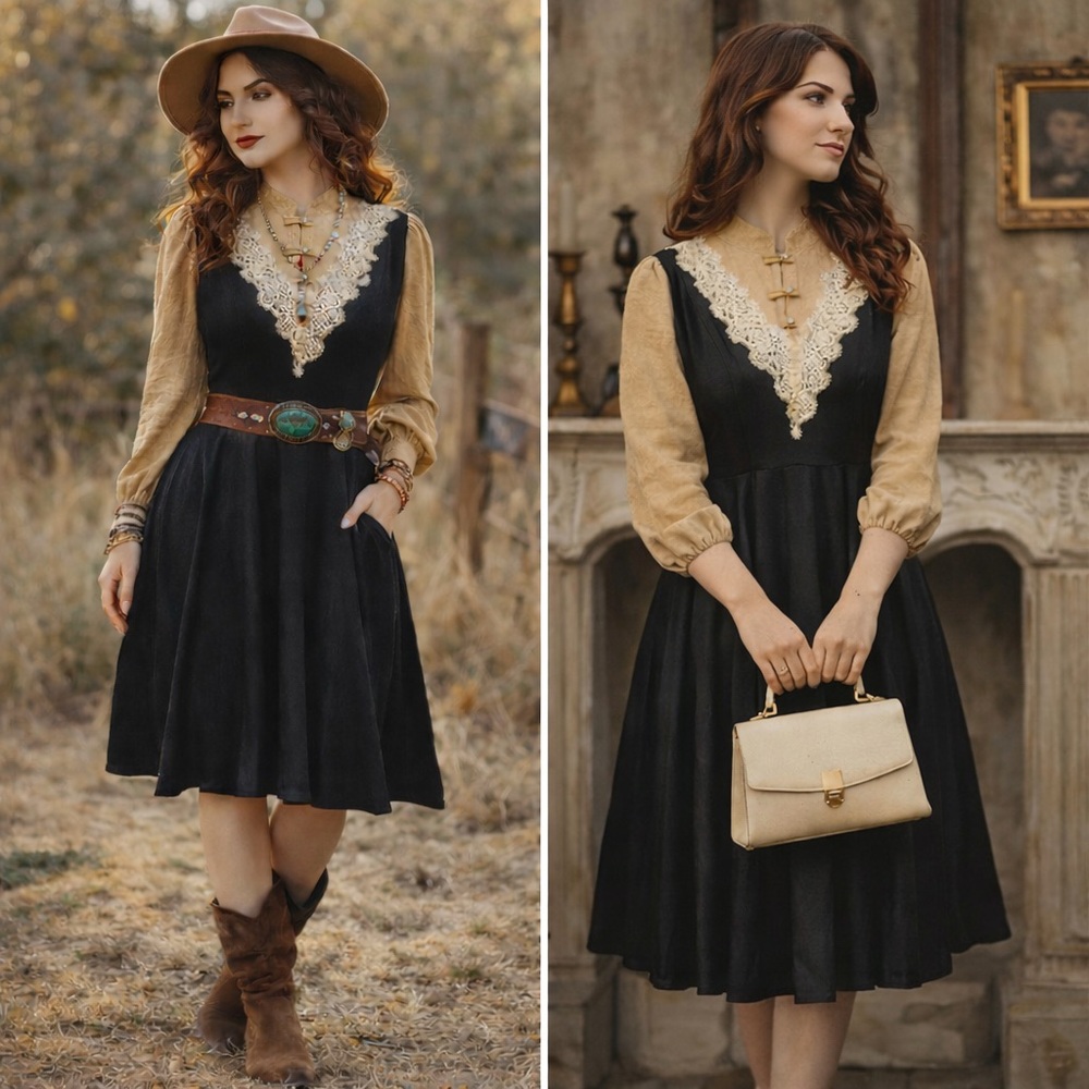 NWT Kaimilan Victorian/Vintage Style Black and Gold Midi Velvet Dress 03-0096